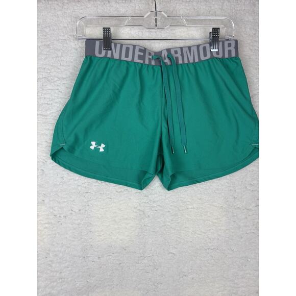 Under Armour Womens Sz S HeatGear Loose Fit Teal Blue Gray Logo Running Shorts - Picture 1 of 9